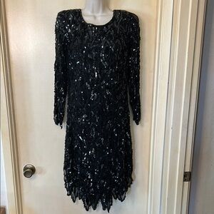 O.R.Silk vintage black 100% silk sequin cocktail dress with scarf hem size S/P